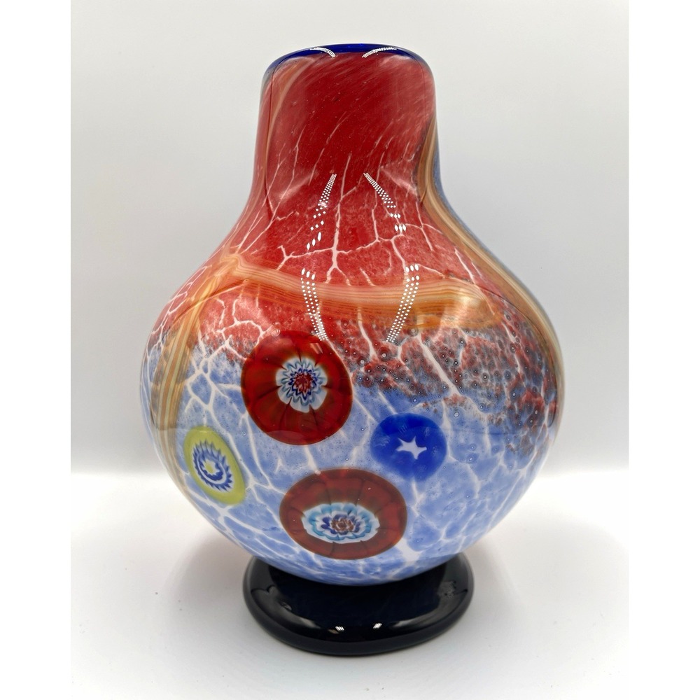 Vintage Murano Style Art Glass Vase 9.25" Hand Blown Millefiori Murrine Italian